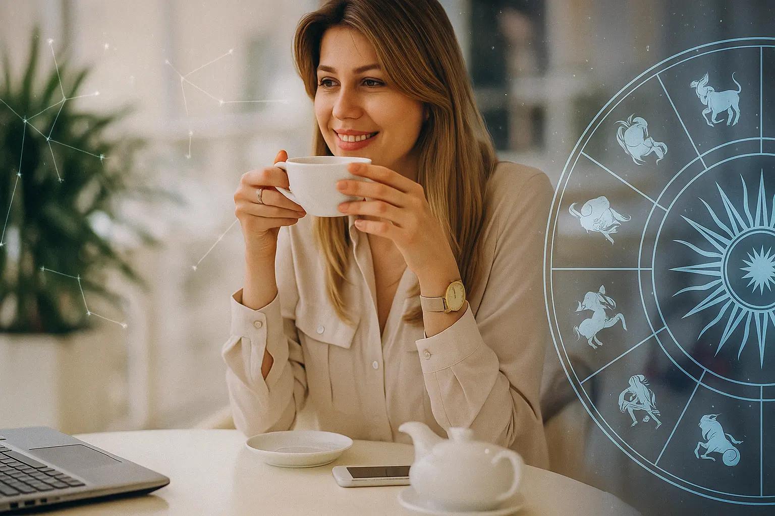 Femme souriante buvant du thé avec une roue du zodiaque qui consulte son horoscope du jour gratuit sur IdealVoyance