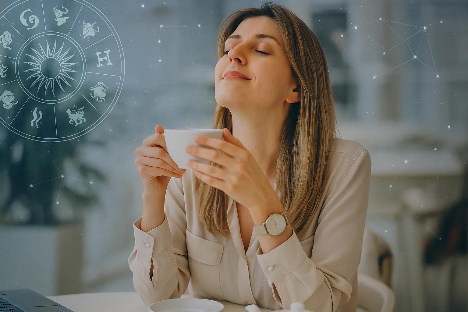 Femme souriante buvant du thé avec une roue du zodiaque qui consulte son horoscope du jour gratuit sur IdealVoyance