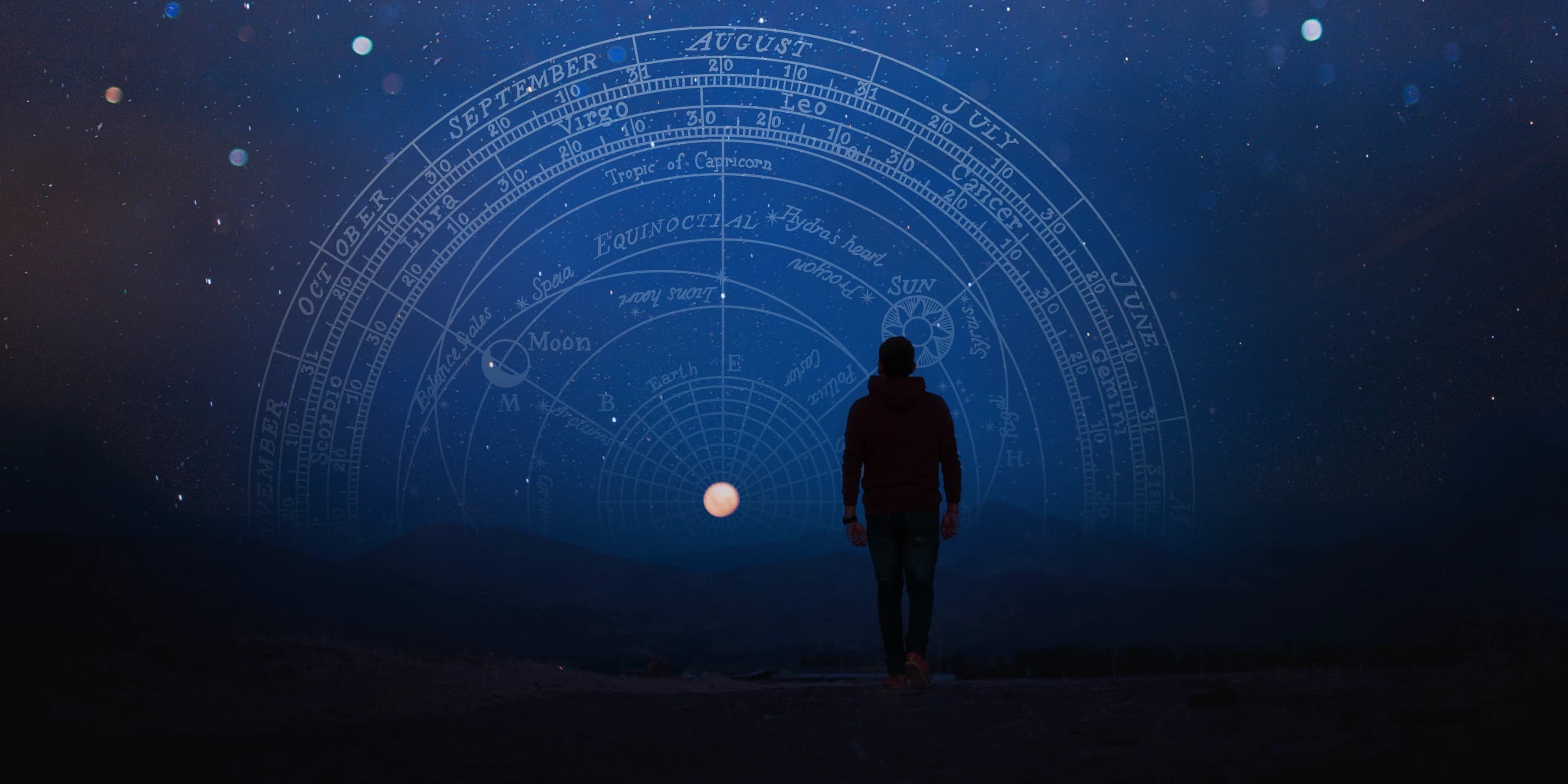 Silhouette d’une personne regardant le ciel étoilé avec une carte astrologique en arrière-plan, illustrant l’influence des planètes sur le quotidien.