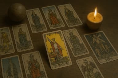 Tirage de cartes de tarot Rider-Waite sur une table avec bougie – illustration de la tarologie en ligne sur IdealVoyance