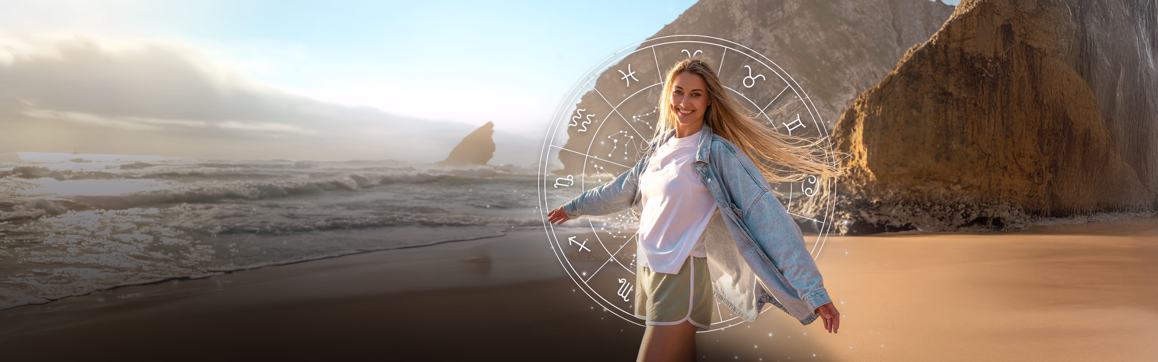 Femme contemplant un coucher de soleil estival au milieu d’un paysage lumineux, entourée de symboles astrologiques évoquant le solstice d’été, le renouveau, la voyance et la découverte de soi.