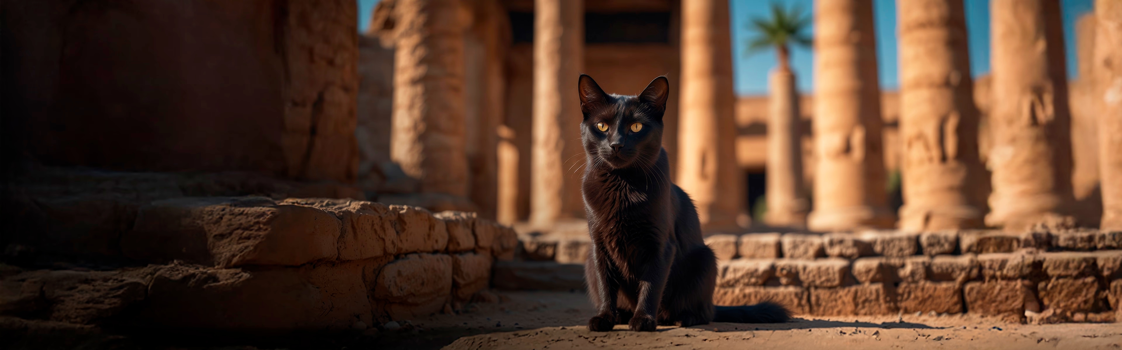 Chat noir aux yeux dorés assis devant les colonnes d’un temple égyptien antique baigné de lumière.