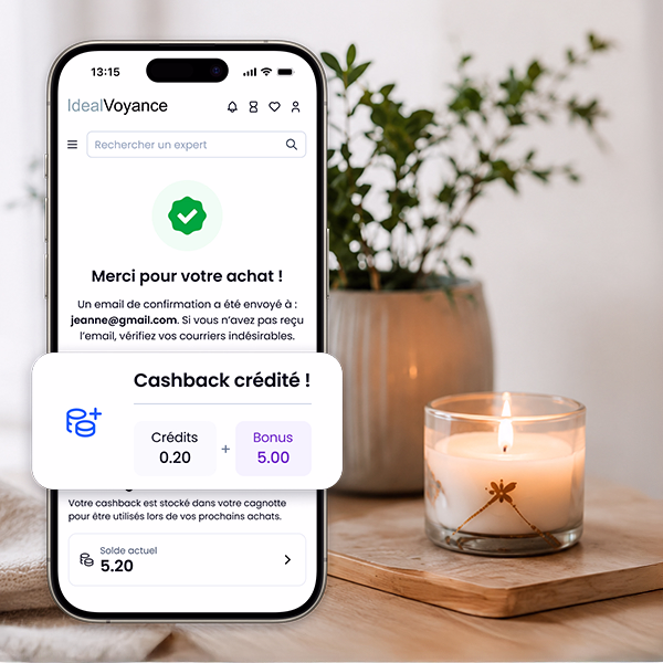 Interface IdealVoyance affichant le cashback et le bonus crédités après un achat de pack de consultation