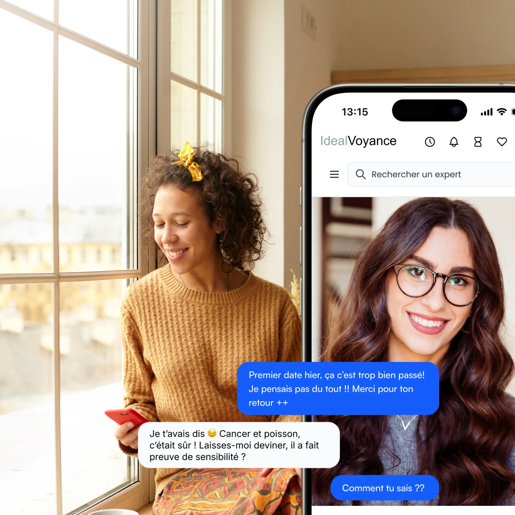 Femme souriante échangeant discrètement par chat sur son téléphone avec une voyante IdealVoyance, profitant de ses 5 minutes gratuites pour une première consultation personnalisée.