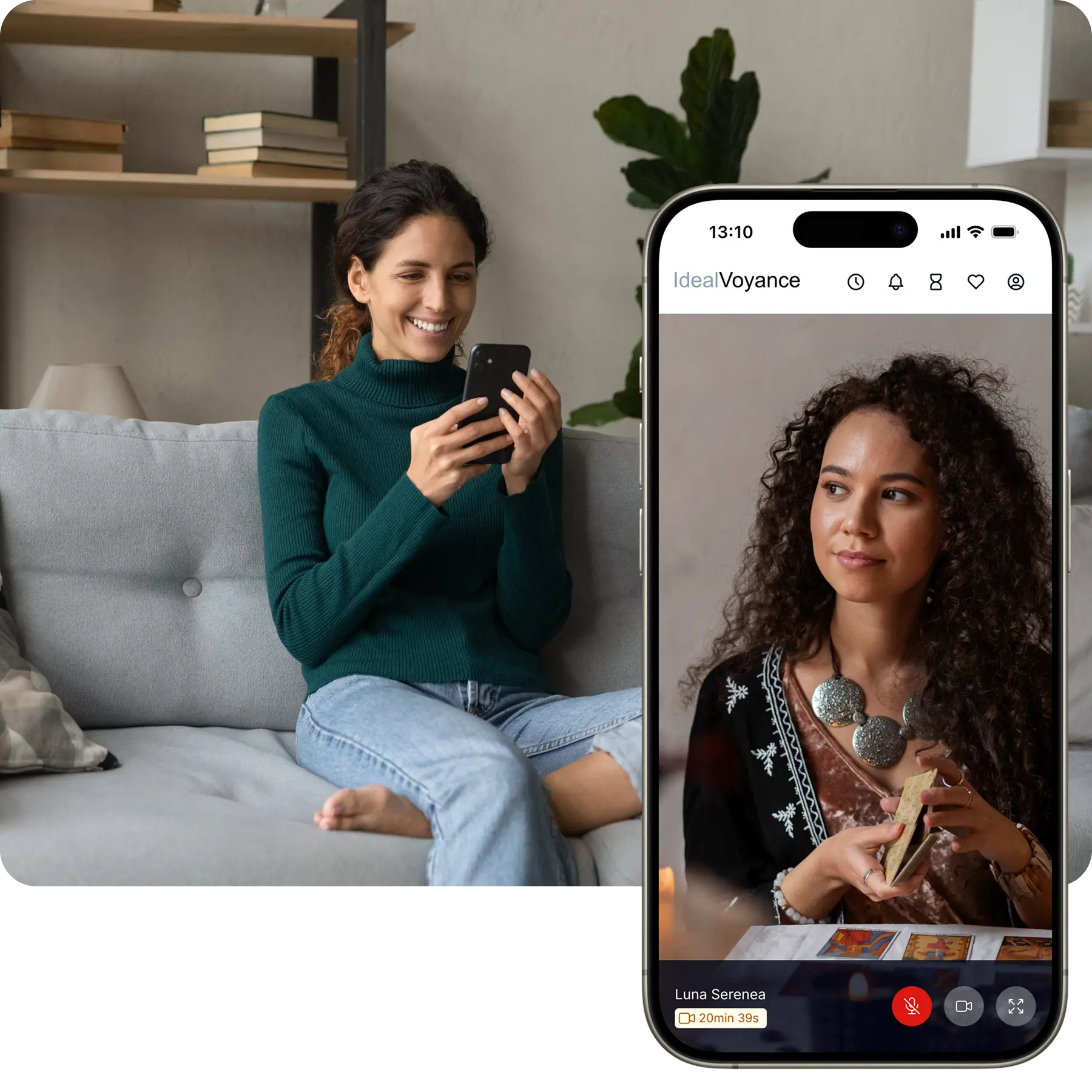 Femme souriante utilisant son téléphone pour une consultation de voyance en ligne avec une experte IdealVoyance en vidéo, illustrant les avantages du service personnalisé et accessible.