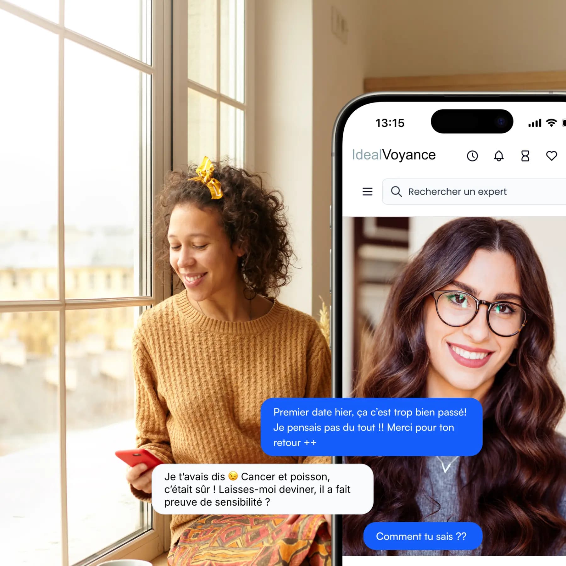 Femme souriante échangeant discrètement par chat sur son téléphone avec une voyante IdealVoyance, profitant de ses 5 minutes gratuites pour une première consultation personnalisée.