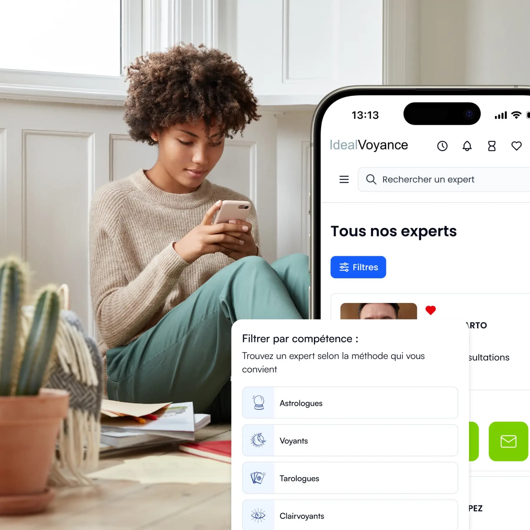Jeune femme utilisant son téléphone pour rechercher un expert sur IdealVoyance et filtrer parmi les 250 voyants, astrologues, tarologues et clairvoyants disponibles