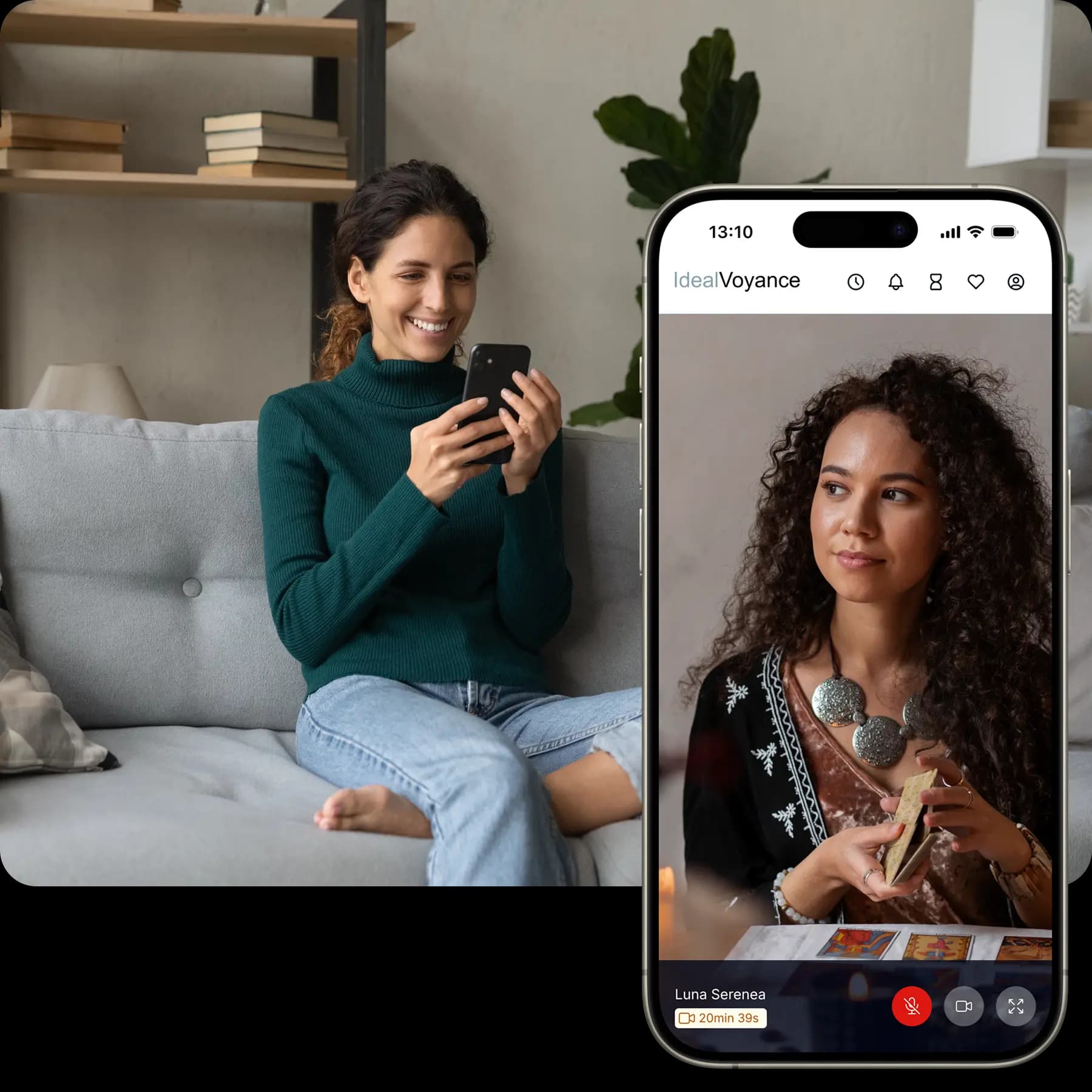 Femme souriante utilisant son téléphone pour une consultation de voyance en ligne avec une experte IdealVoyance en vidéo, illustrant les avantages du service personnalisé et accessible.